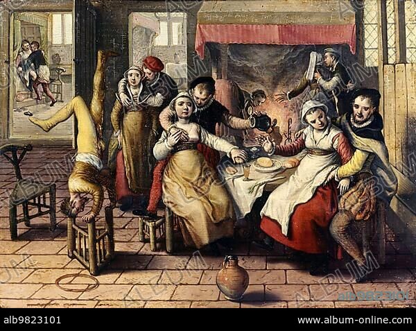 Prostitution; brothel; painting by Joachim Beuckelaer; c. 1550; Belgium; Historic; digitally restored reproduction from a 19th century original; Europe.