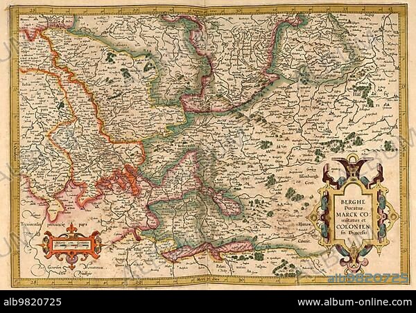 Atlas, map from 1623, Westerwald, Germany, digitally restored reproduction from an engraving by Gerhard Mercator, born as Gheert Cremer, 5 March 1512, 2 December 1594, geographer and cartographer