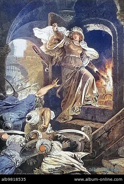 The Siege of Szigetvar; Countess Ilona Zrinyi throwing a torch into the powder magazine; Historical; digitally restored reproduction of an original from the 19th century; exact date unknown.
