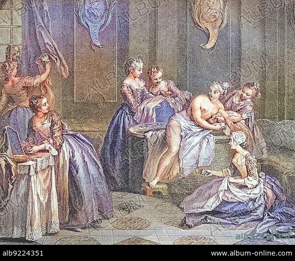 Gallant French copper engraving of an erotic scene of distinguished society, group sex, by L. Surugue, 1744, France, digitally restored reproduction of a 19th century original, exact original date unknown, Europe.