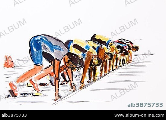 Start of a race, track and field athletics, drawing by the artist Gerhard Kraus, Kriftel, illustration.