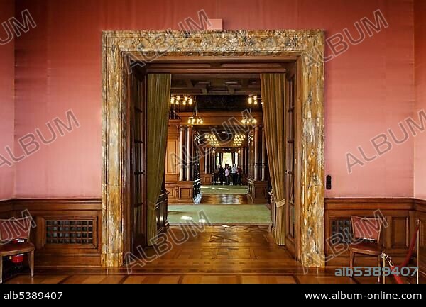 Room with a marble portal, view towards the library, Villa Huegel, former home of the Krupp family, Essen-Baldeney, North Rhine-Westphalia, Germany, Europe.