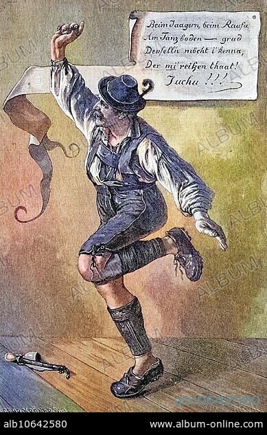 Schuhplattler, traditioneller Tanz in Bayern, hier ausgeführt von einem Mann mit Lederhosen und Wadlstrümpfem, Tracht, Deutschland, Historisch, digital restaurierte Reproduktion von einer Vorlage aus dem 19. Jahrhundert, traditional dance in Bavaria, here performed by a man with lederhosen and Wadl stockings, traditional costume, Historical, digitally restored reproduction from a 19th century original.