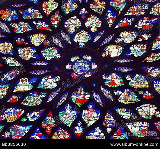 Sainte Chapelle, royal medieval Gothic chapel, 13th century, gothic stained-glass rose window with colored representation of biblical scenes, Paris, Ile de France, France, Europe.