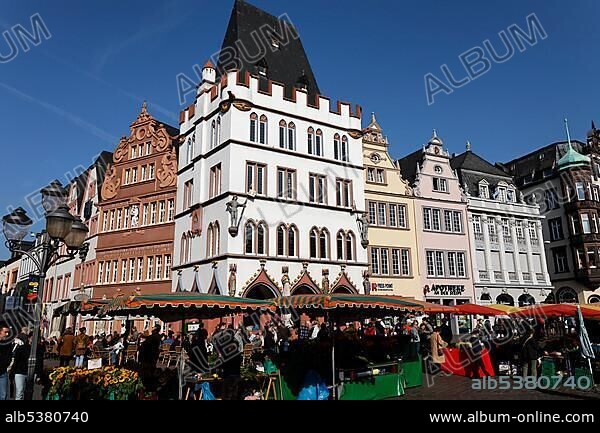 Main market place with row of beautiful old houses, Trier, Rhineland-Palatinate, Germany, Europe.