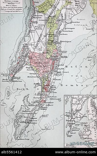 Stadtplan, city map from the year 1892: Bombay, now Mumbai, India, Indien, digital restaurierte Reproduktion einer Originalvorlage aus dem 19. Jahrhundert, Asia.