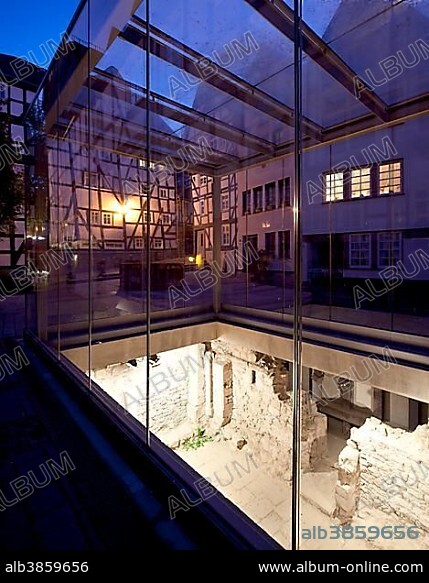 Old Synagogue, glass cube with archaeological excavations, Upper Town, Marburg, Hesse, Germany, Europe, PublicGround, Europe.