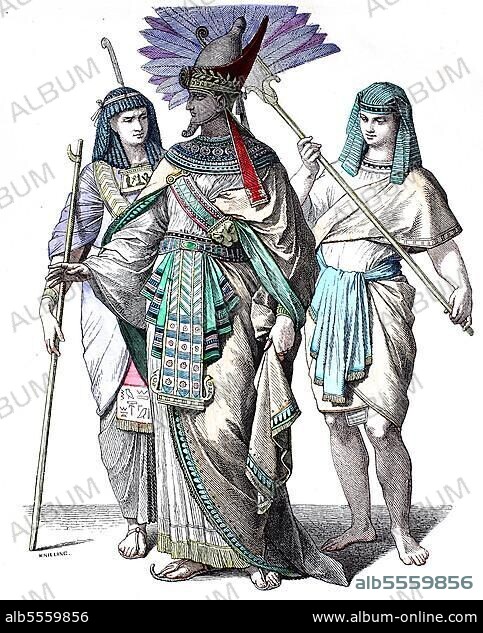 Popular traditional costume, clothing, history of costumes, Egyptian court official, Egyptian king and fan bearer from the pre-Christian period, Historical, digitally restored reproduction of a 19th century original.