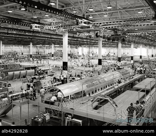 Assembly of the Douglas Aircraft Company's DC-8 jet aircraft at their Santa Monica assembly line, California, USA.. January 17, 1958.