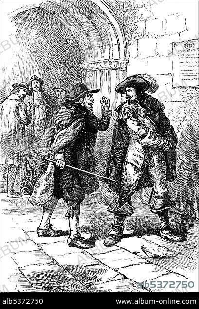 Historical scene, US-American history, 17th century, insult of Edward Randolph, 1632 - 1703, a British tax collector for the king in the colonies, Massachusetts, USA, North America.