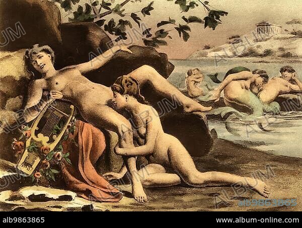 Two Women in Oral Sex, Lesbian, Lesbians, Erotic illustration by Edouard-Henri Avril (21 May 1849 to 1928), a French painter and graphic artist, under the name Paul Avril he became known as an illustrator of erotic to pornographic novels, Historical, digitally restored reproduction from a 19th century original.