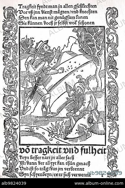 The Ship of Fools by Sebastian Brant; 1494; late medieval moral satire. Of sloth and laziness; a man casts seed with an indifferent expression; the woman has fallen asleep while spinning; Historical; digitally restored reproduction from a 19th century original.