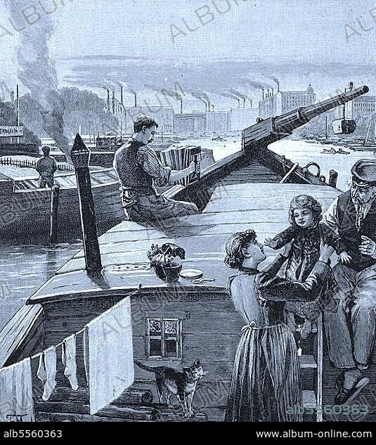 Familie auf einem Lastkahn auf der Spree vor Berlin, Deutschland, Schiffer, Historisch, digitale Reproduktion einer Originalvorlage aus dem 19. Jahrhundert.