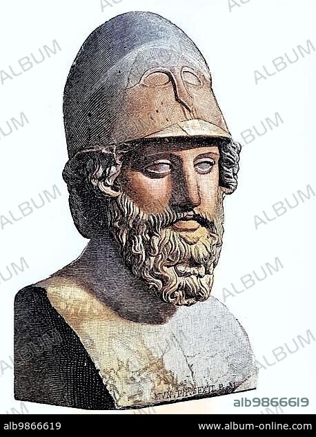 Themistocles, c. 524 BC, c. 459 BC, statesman and commander of Athens during the Persian threat to Greece, he became victor of the Battle of Salamis and is considered a pioneer of Attic democracy, marble bust in the Vatican, Italy, digitally enhanced reproduction of a 19th century original print, Europe.