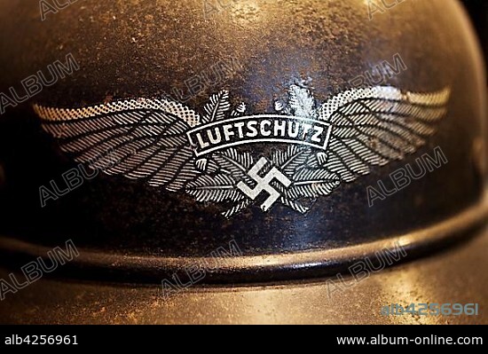 Exhibit Nazi helmet, steel helmet with swastika with the writing Luftschutz, government bunker, Bad Neuenahr-Ahrweiler, Rhineland-Palatinate, Germany