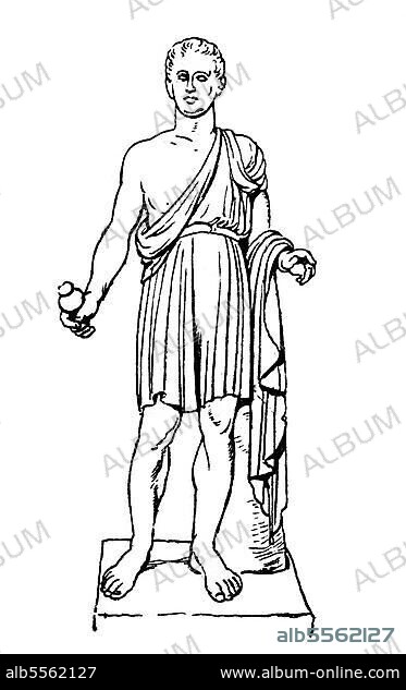 Mode, Kleidung in Griechenland, Blütezeit 5. -4. Jh. v. Chr. Handwerkertracht, kurzer Chiton, auf einer Schulter hochgezogen, der andere Arm ist frei, Statue des Hephaistos, Gott der Schmiedekunst, digitale Reproduktion einer Originalvorlage aus dem 19. Jahrhundert, Originaldatum nicht bekannt.