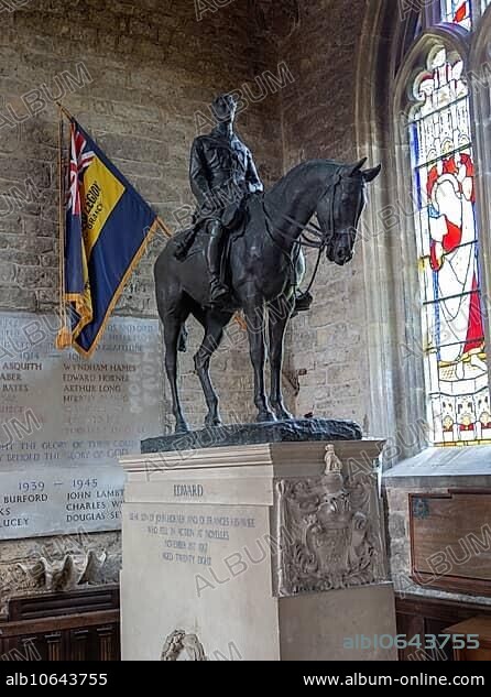 Equestrian statue of Edward Horner by Sir Alfred Munnings (on a base by Lutyens), Mells church, Somerset, England, UK.