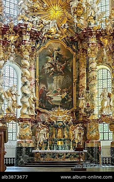 High altar, chancel, baroque Monastery Church Mariä Himmelfahrt, St. Mary, interior, Kloster Fürstenfeld, Fürstenfeldbruck, Upper Bavaria, Bavaria, Germany, Europe.