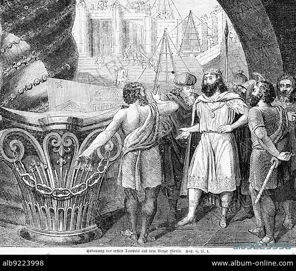 Building of the first temple on Mount Moriah, King Solomon, building a house, priest, crane, workers, stairs, Bible, Old Testament, First Book of Kings, Chapter 6, Verse 1, historical illustration c. 1850, Near East.