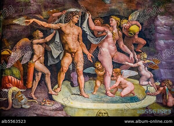 Venus and Mars, the adulterous couple in the bath, Chamber of Cupid and Psyche with erotic depictions, story from the Metamorphoses of Apuleius, court painter Giulio Romano, Palazzo Te, pleasure palace, Mantua, Lombardy, Italy, Mantua, Lombardy, Italy, Europe.