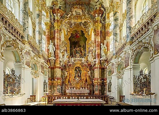 Chancel choir and high altar, Wieskirche, Steingaden, Pfaffenwinkel, Upper Bavaria, Bavaria, Germany, Europe.