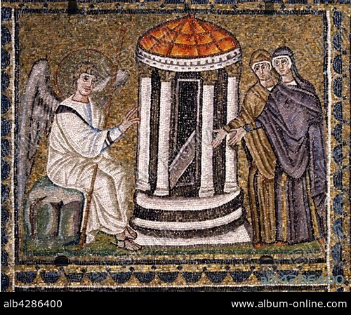 Basilica of Sant'Apollinare Nuovo, Ravenna (Italy). Mosaic of the Christological cycle : The Holy Women at the Tomb. 6th century.. The Basilica is one of the Roman Catholic building in Byzantine style built in the early 6th century by Theodoric the Great, near its palace. It was used as a palatine church and was then dedicated to the Savior.