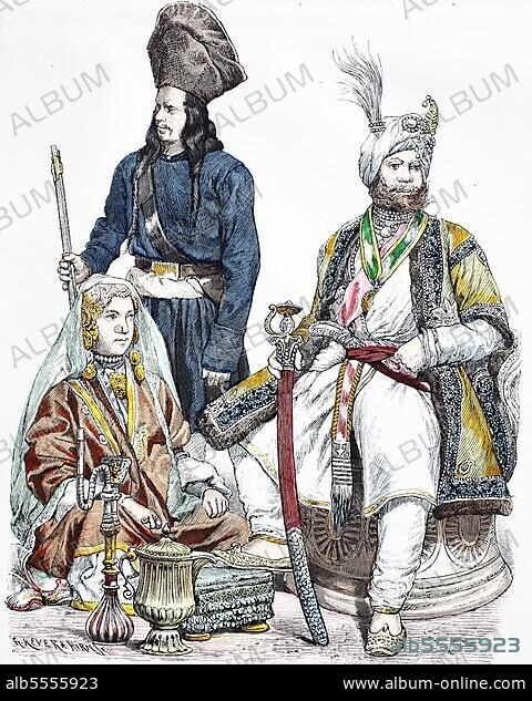 Folk traditional costume, clothing, history of costumes, dancer, bodyguard of the Raja, Raja of Kashmir, costumes from Asia, 1885, digitally restored reproduction of a 19th century original, exact date unknown.