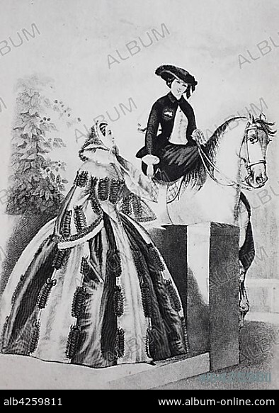 Fashion at Berlin, Germany, a Krinoline, a hoop skirt or hoopskirt is a women's undergarment worn in various periods to hold the skirt extended into a fashionable shape, woodcut, Germany, Europe.