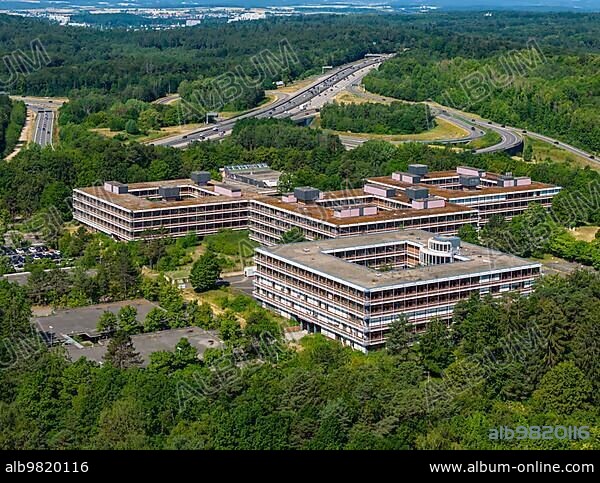 Eiermann Campus; also IBM-Areal; IBM Campus; from 1972 to 2009 headquarters of the company IBM Deutschland GmbH. Most of the buildings have been declared cultural monuments as examples of post-war modernism; architecture; drone photo; Stuttgart; Baden-Württemberg; Germany; Europe.