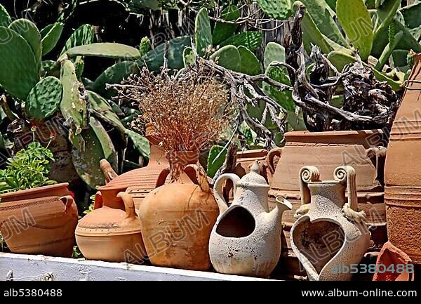 Clay and ceramic pots, Lychnostatis open-air museum, museum of local history, museum of traditional Cretan life, Hersonissos, Crete, Greece, Europe.
