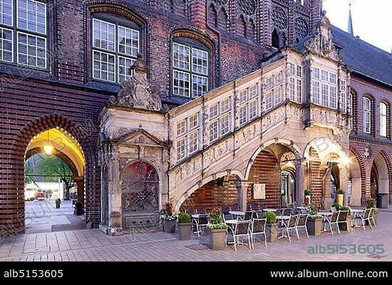 Historical town hall, Neues Gemach, Renaissance staircase, Breite Straße, Lübeck, Schleswig-Holstein, Germany, Europe.