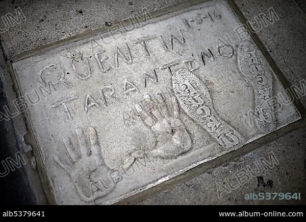 Quentin Tarantino, handprints in Grauman's Chinese Theatre, Hollywood Boulevard, Los Angeles, California, USA, North America.