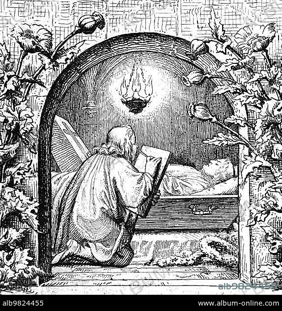 The deceased Martin Luther in a coffin; death; mourning; cross; wreath; lying; resting; light; lamp; nature; flowers; ornaments; religion; Protestantism; 18 February 1546; 16th century; historical illustration c. 1860.