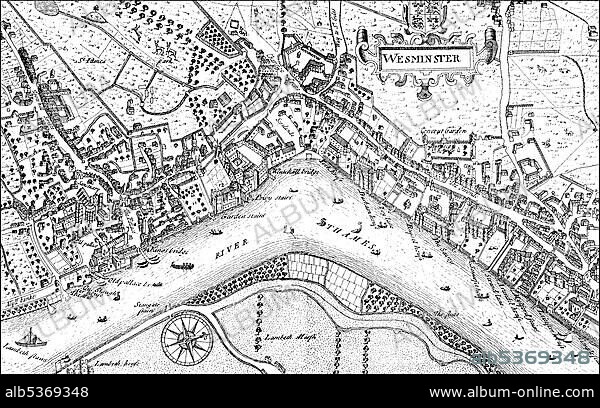 Historic drawing, city map of Westminster with the River Thames, 17th century, a district of London, England, Europe.
