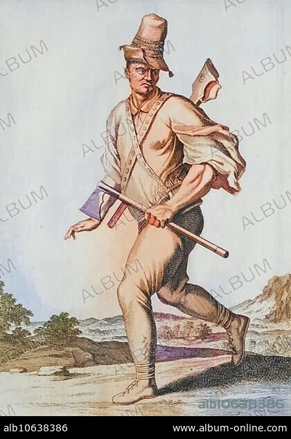 Traditional traditional costume, clothing, one of the Carpathian mountain freebooters called corals, c. 1704, Carpathians, Romania, copperplate engraving by Caspar Luyken from 1703, digitally restored reproduction from an 18th century model, Europe.