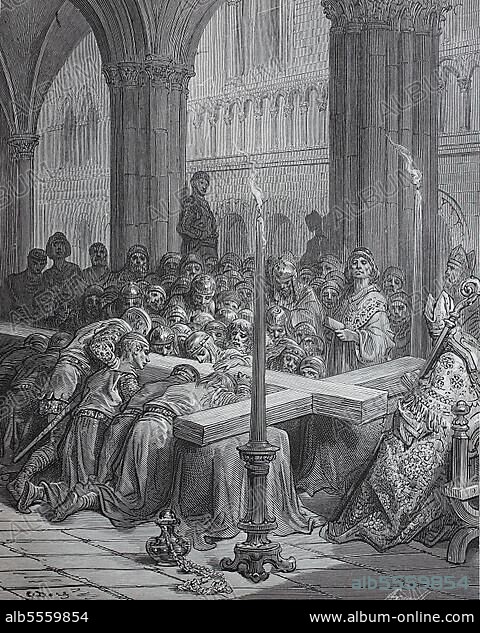 The veneration of the cross by the Crusaders, Crusades were strategically, religiously and economically motivated wars sanctioned by the Latin Church between 1095-99 and the 13th century, Historical, digital reproduction of a 19th century original.