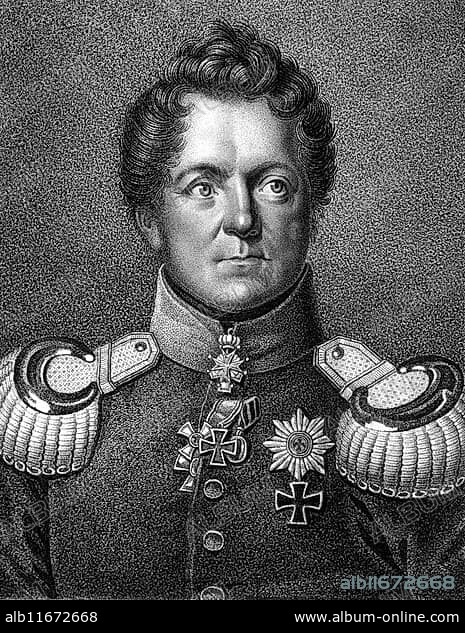August Neidhardt von Gneisenau (1760-1831) on engraving from 1859. Prussian field marshal. Engraved by Falcke and published in Meyers Konversations-Lexikon, Germany, 1859, Europe.