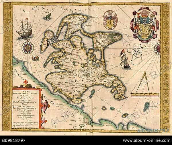 Atlas; map from 1623; Rugiae; Island of Rügen; Germany; digitally restored reproduction from an engraving by Gerhard Mercator; born as Gheert Cremer; 5 March 1512; 2 December 1594; geographer and cartographer; Europe.