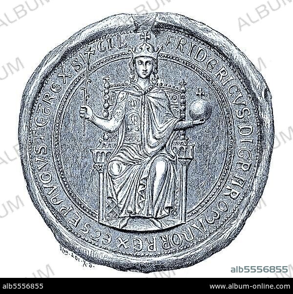 Friedericus Dei Gracia Romanorum Rex et Semper Augustus et Rex Siciliae, das Siegel Friedrichs II. Abdruck in rotem Wachs auf einer Urkunde im Stadtarchiv Frankfurt a. Main, digitale verbesserte Reproduktion eines Originaldrucks von 1880.