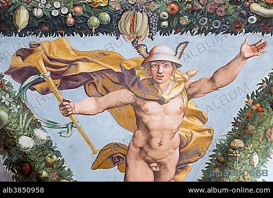 Mercury, Loggia of Cupid at Psyche, fresco by Giulio Romano, Villa Farnesina, Rome, Italy, Europe.