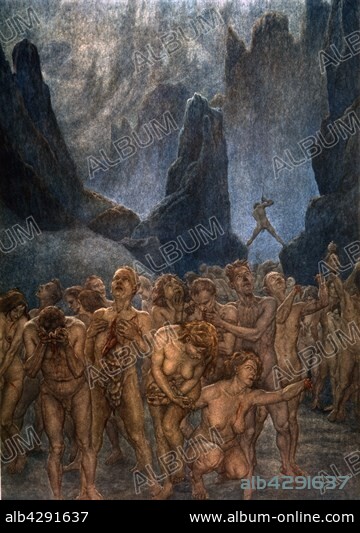 Amos Nattini (1892-1985), "The Divine Comedy" by Dante Alighieri (1265-1321). Inferno, Canto XXVIII, Circle 8: Fraud. Bolgia 9: Sowers of Discord are hacked and mutilated for eternity by a demon with a bloody sword.. Private collection.. In 1921, for Dante Aligheri's 600th anniversary of death, the Istituto Nazionale Dantesco chose Amos Nattini to illustrate The Divine Comedy. The illustrations have been published in 1923.
