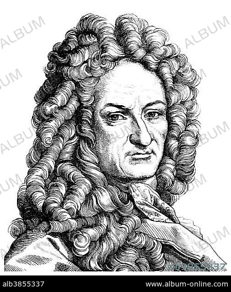 Historical drawing from the 19th century, portrait of Gottfried Wilhelm Leibniz, 1646 - 1716, a German philosopher and scientist, mathematician, diplomat, physicist, historian, politician, librarian, and doctor of the secular and the ecclesiastical law in the early Enlightenment.