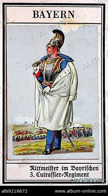 German Uniforms of the 19th century, Guard, Cavalry: Bavaria, Rittmeister in the Bavarian 3rd Cuirassier Regiment, Historical, digitally restored reproduction of a public domain collector's picture from the early 20th century.