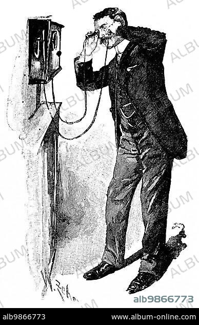 Man at the telephone, Berlin, 19th century, telephone, wall, apparatus, technology, invention, suit, glasses, Germany, historical illustration c. 1898, Europe.