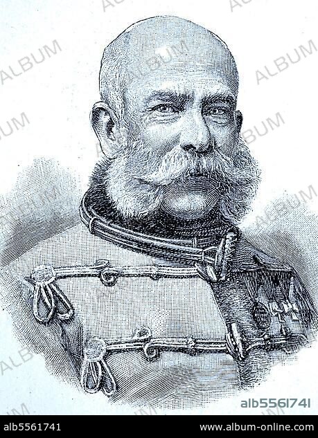 Franz Joseph I. 18. August 1830, 21. November 1916, auch Erzherzog Franz Joseph Karl von Österreich aus dem Hause Habsburg-Lothringen, war vom 2. Dezember 1848 bis zu seinem Tod Kaiser von Österreich, gleichzeitig Apostolischer König von Ungarn und König von Böhmen, digitale verbesserte Reproduktion eines Originaldrucks aus dem 19. Jahrhundert.