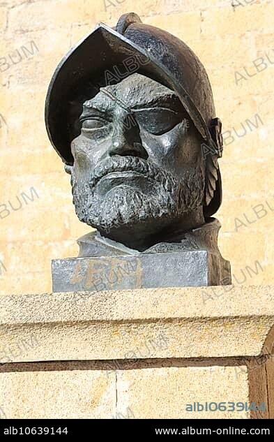 Bust sculpture Amazonian explorer Francisco de Orellana, 1511-1546, Trujillo, Caceres province, Extremadura, Spain, Europe.