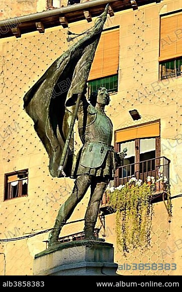 Bronze statue, Juan Bravo, national hero, freedom fighter, Calle Juan Bravo, Segovia, Castile and León, Spain, Europe.
