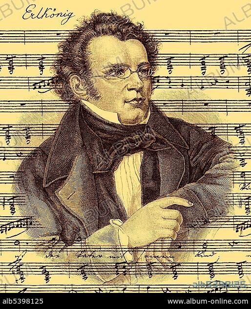 Manuscript, handwritten sheet music, D 328, Op. 1, The Erlking, portrait of Franz Peter Schubert, 1797-1828, Austrian composer.