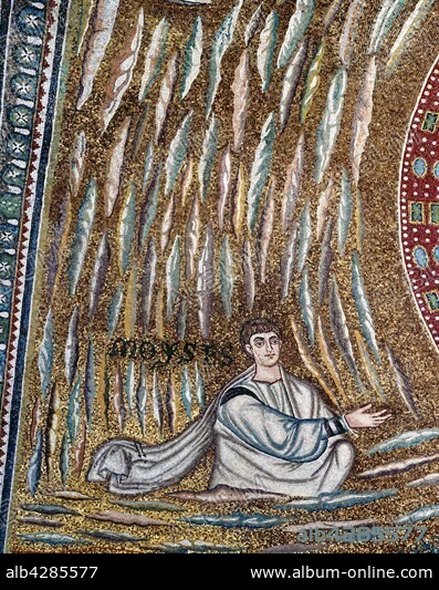 Basilica of Sant'Apollinare in Classe, Ravenna. Mosaic of the apse: Moses represented in a golden sky, among clouds.. 6th century.. Built in the 6th century, the basilica was consecrated in 549 by Bishop Maximianus of Ravenna and dedicated to Apollinaris, first Bishop of Ravenna.