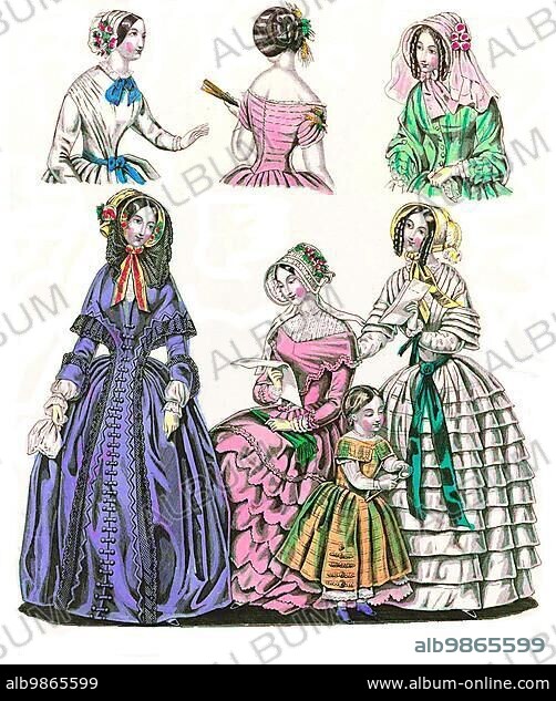 Fashion through the ages, Ladies' fashions in Paris and London, 1847, Historic, digitally restored reproduction from a 19th century original.